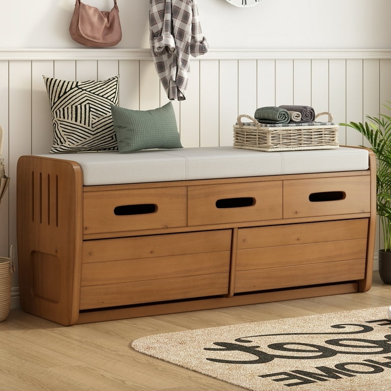 Storage Bench: Honey Oak with Rustic Slatted Side Detail