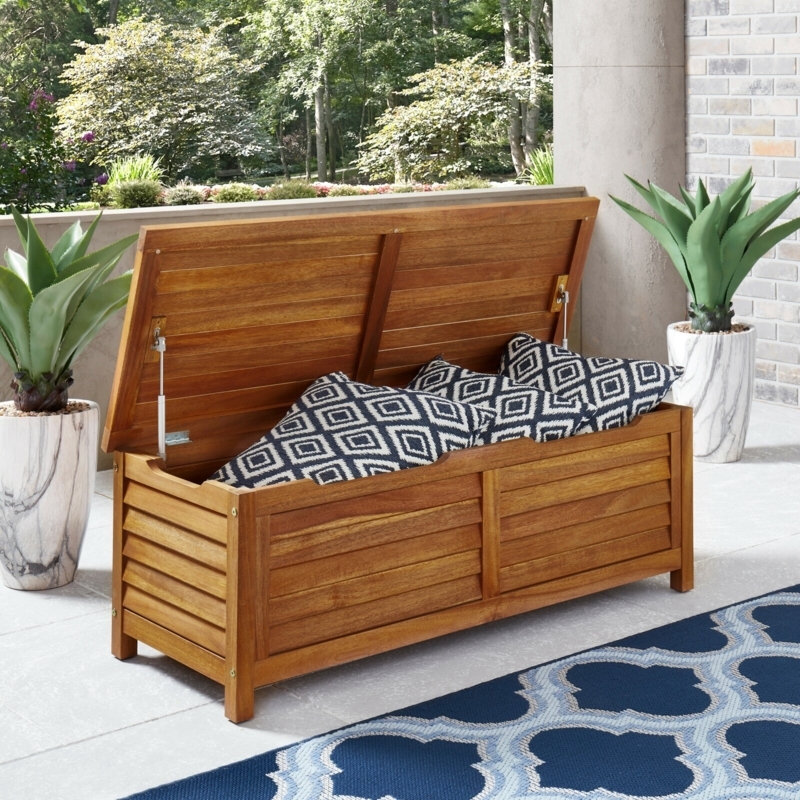 Storage Bench Honey Wood Slatted Paneling Gas Struts Coastal