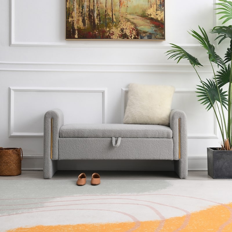 Storage Bench in Grey Teddy Fabric with Gold Accents and Curved Arms