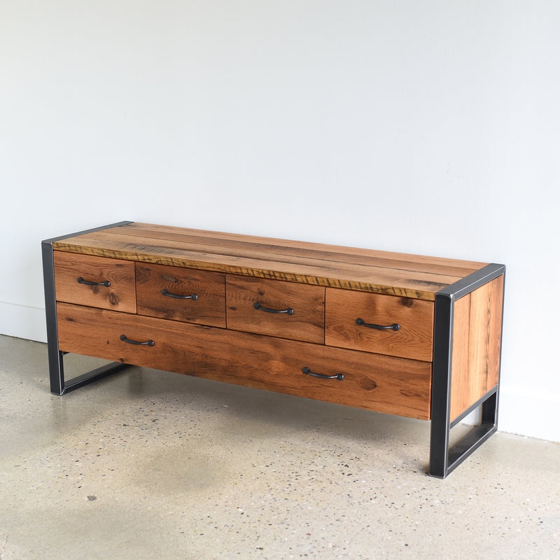 Storage Bench: Industrial Six-Drawer with Metal Frame Legs