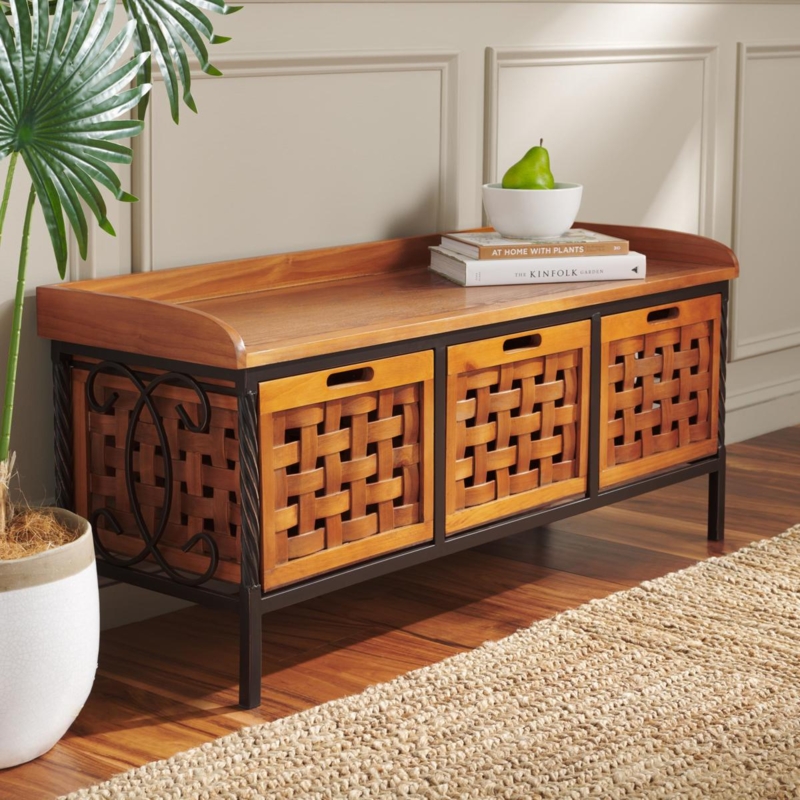 Storage Bench: Lattice Weave Fronts, Scrollwork Sides, Honey Oak Finish
