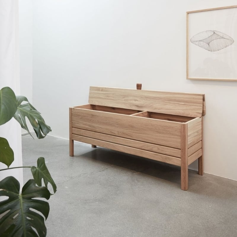 Storage Bench: Lifting Seat, Horizontal Slats, Natural Oak Hallway Bench