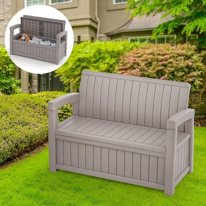 Storage Bench Light Gray Resin Wood Grain Texture Waterproof Design