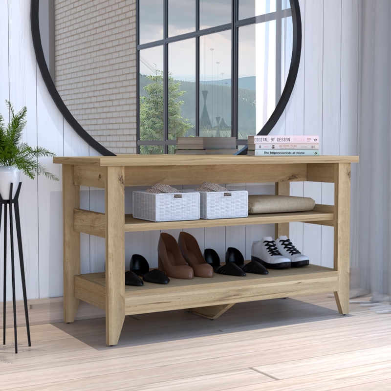 Storage Bench Light Oak Three Tier Open Shelving Scandi Minimalist Entryway
