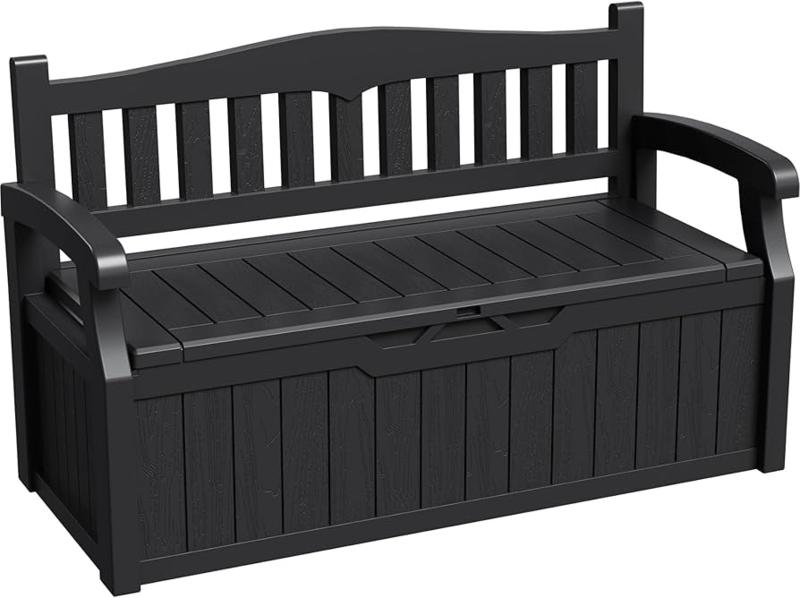 Storage Bench Matte Black Resin Wood Grain Texture Lockable Opening