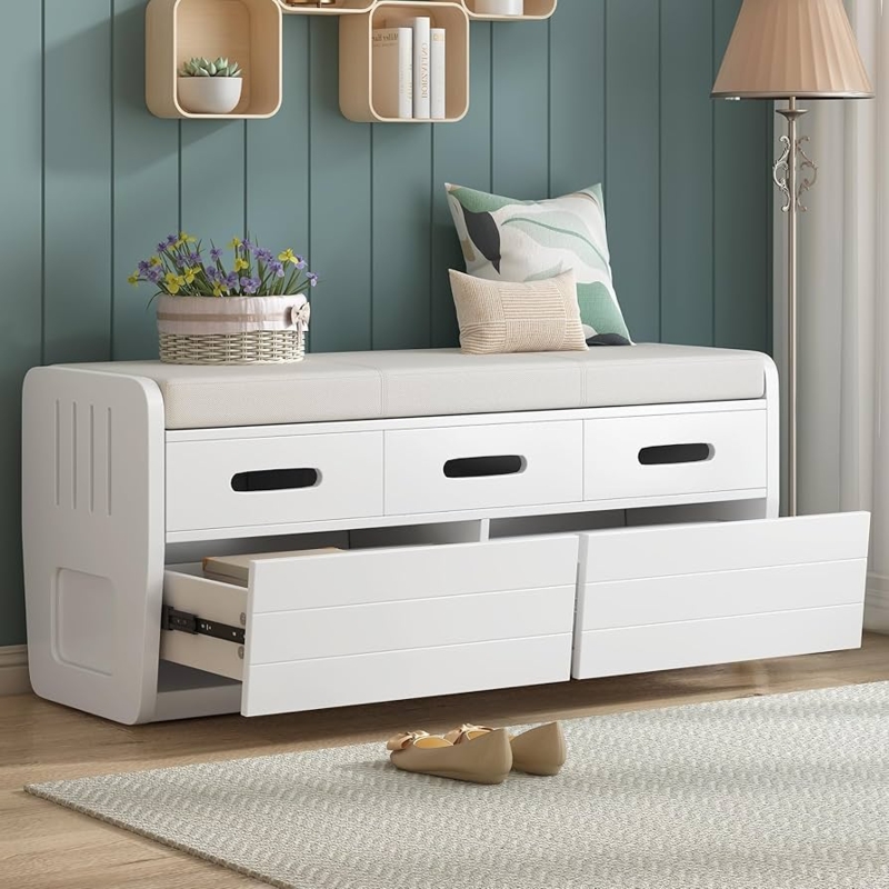 Storage Bench: Modern Slatted Lower Drawers and Rounded Sides
