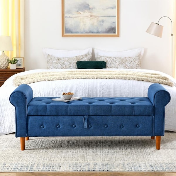 Storage Bench Navy Blue Rolled Arms Diamond Tufting Lift Top