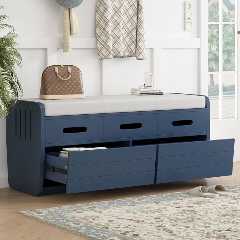 Storage Bench: Navy Blue with Curved Profile and False Fronts