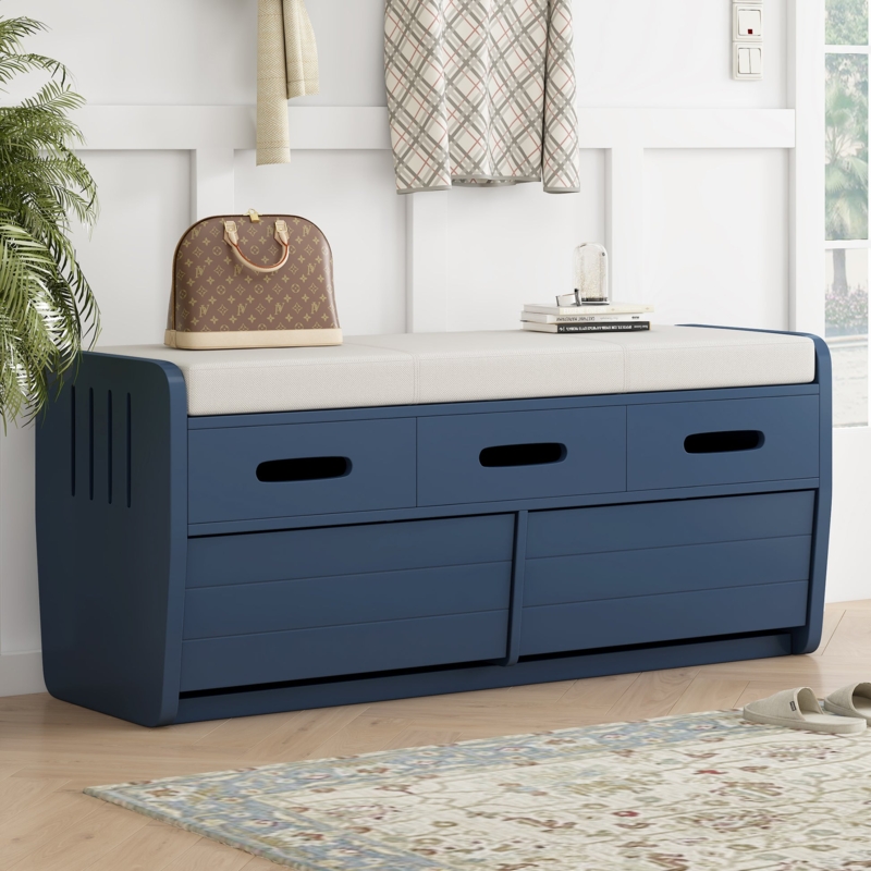 Storage Bench: Navy with Horizontal Slatted Doors and Faux Drawers