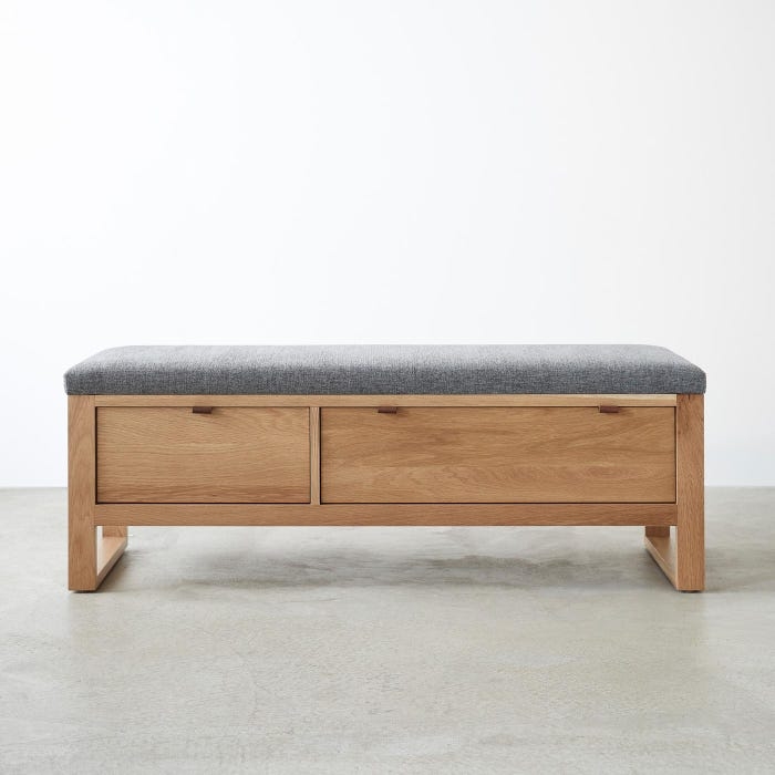 Storage Bench: Oak with Charcoal Cushion and Leather Pulls