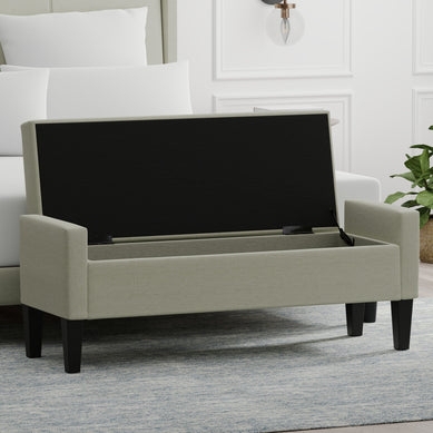 Storage Bench Oatmeal Beige Truncated Arms Black Interior Flip Top
