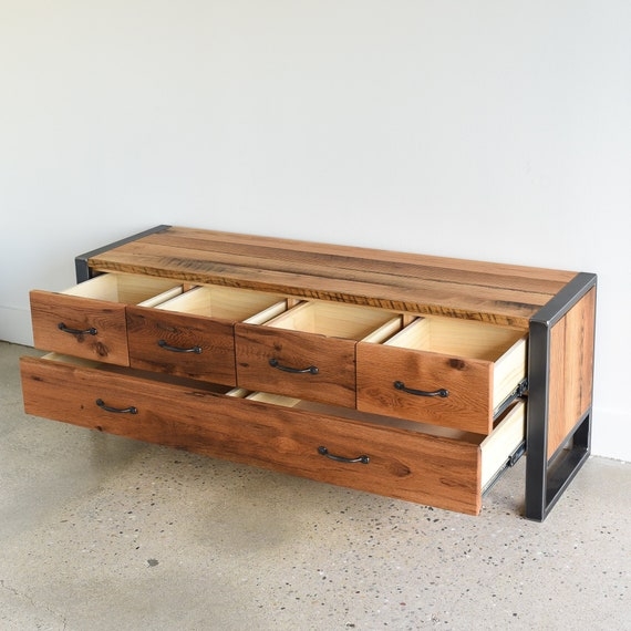 Storage Bench: Reclaimed Wood with Asymmetric Metal Sled Base