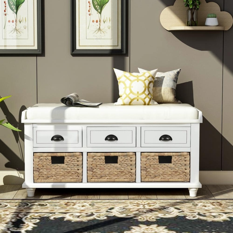 Storage Bench: Rustic White Finish with Woven Rattan Baskets