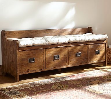 Storage Bench: Rustic Wood High Back with Apothecary Pulls