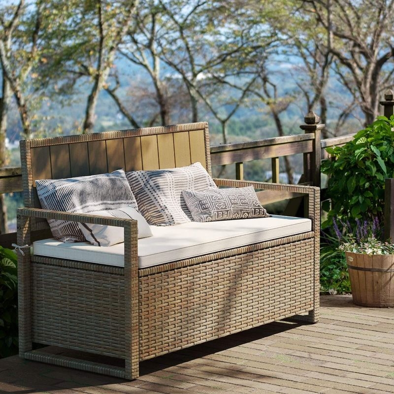Storage Bench, Sandy Beige Resin Rattan Seat with Slatted Back Panel