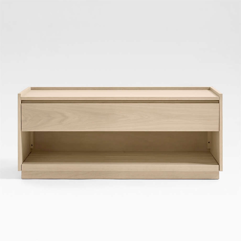 Storage Bench: Slatted Base, Recessed Drawer, Plinth Base, White Oak