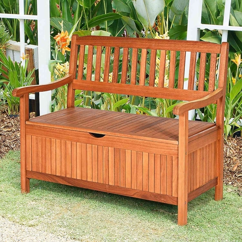 Storage Bench Solid Wood Warm Brown Slat Backrest Craftsman Style
