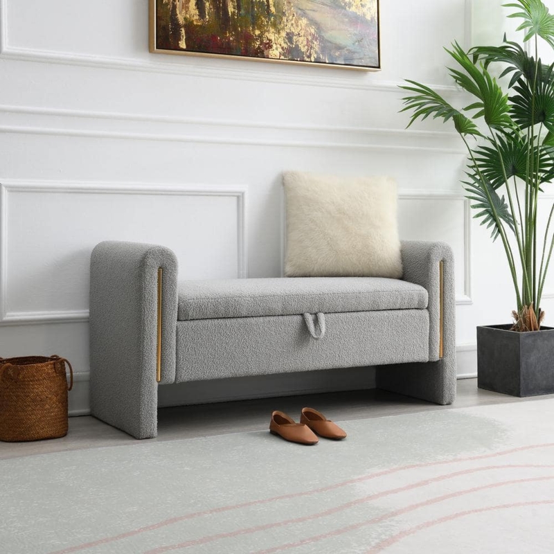 Storage Bench Teddy Fabric Heather Gray Recessed Base Gold Accents