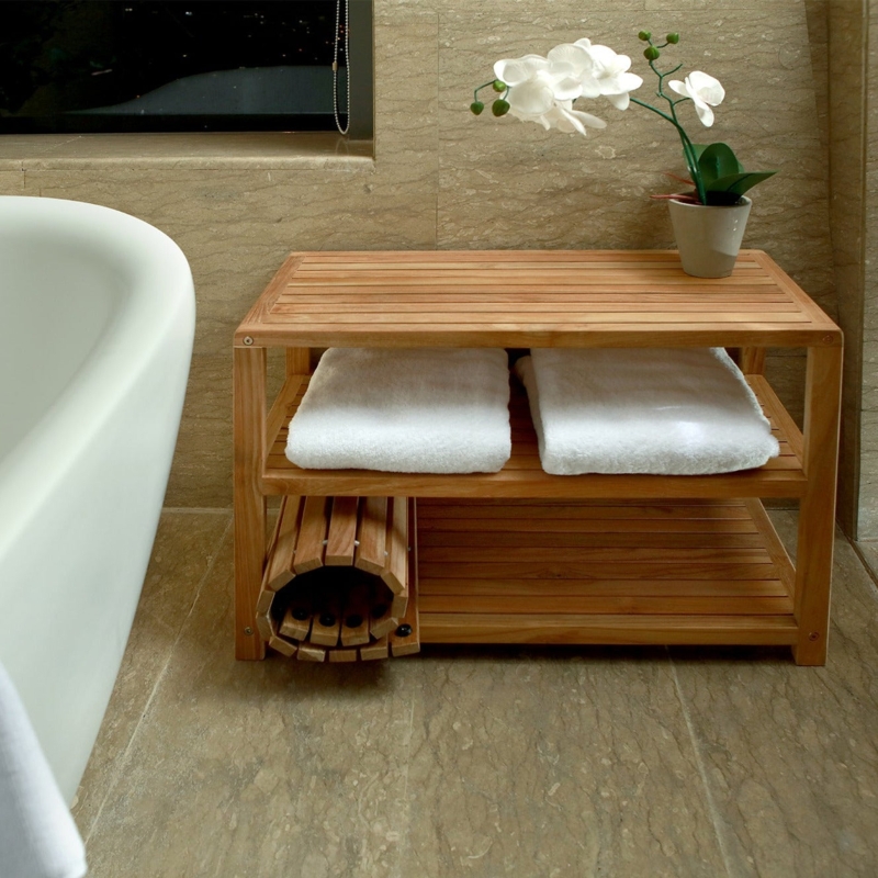 Storage Bench Three Tier, Slatted Shelves Light Wood Scandinavian Style
