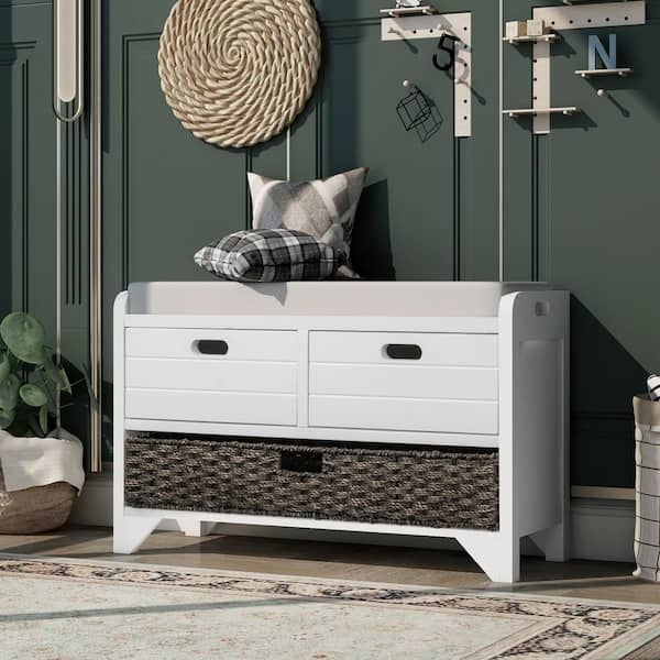 Storage Bench: Transitional White with Single Woven Basket