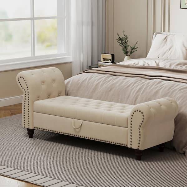 Storage Bench Velvet-like Fabric Warm Beige Rolled Arms Nailhead