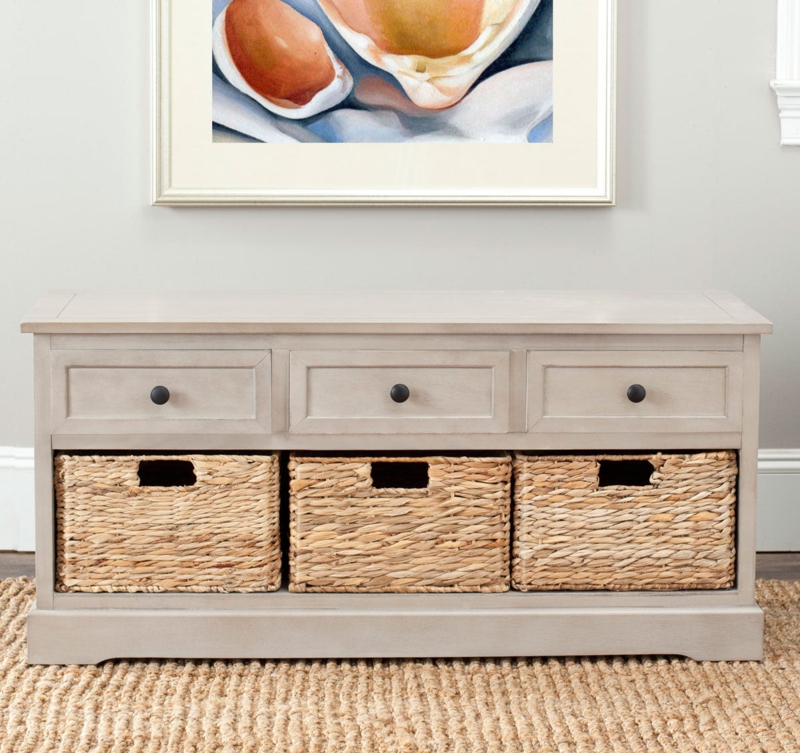 Storage Bench: Vintage Grey Finish with Three Basket Cubbies