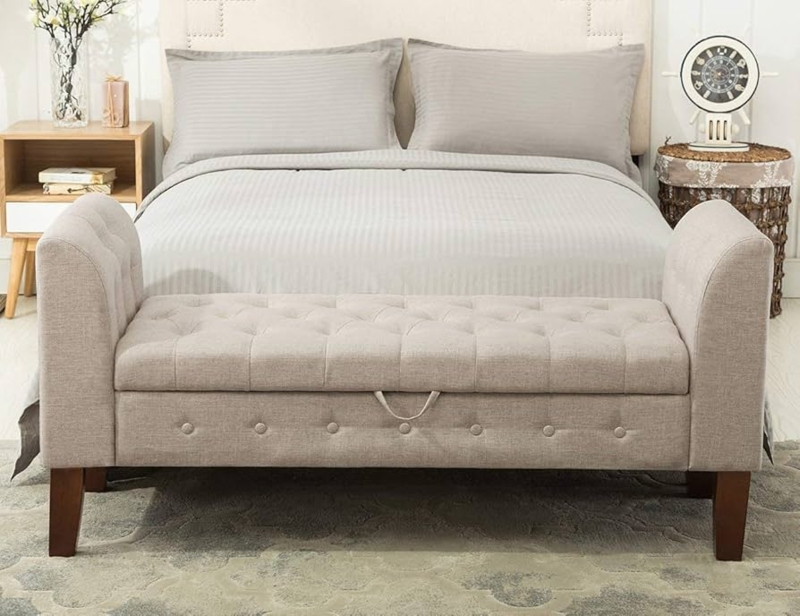 Storage Bench Warm Khaki Diamond Tufting Rolled Arms Lift Top