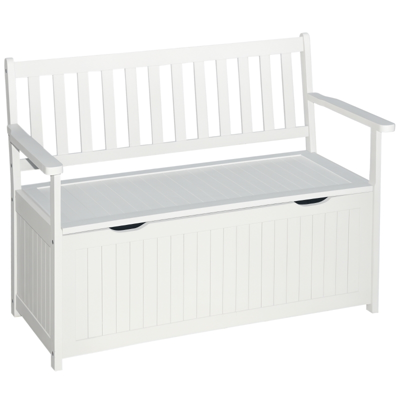 Storage Bench White Acacia Wood Slatted Backrest Coastal Farmhouse