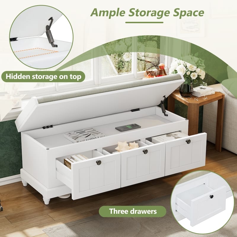 Storage Bench: White Flip-Top with Turned Legs and Gas Lift hinge