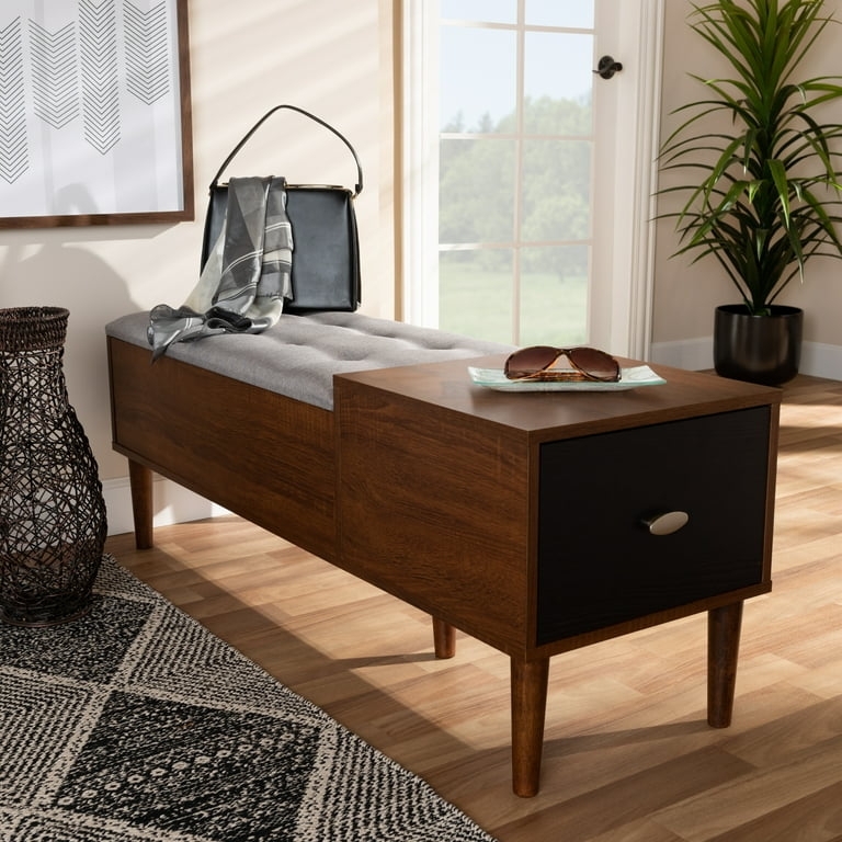 Storage Bench with Button Tufted Seat, Two Tone Finish, Tapered Legs