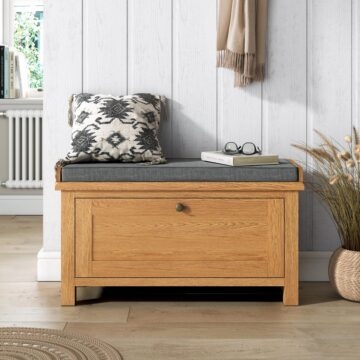 Storage Bench with Cushion, Recessed Panel Drawer, Waxed Oak Hall Bench