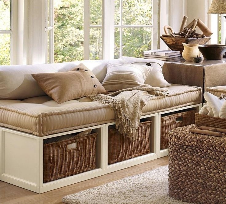 Storage Bench with Integrated Cubbies and Woven Baskets