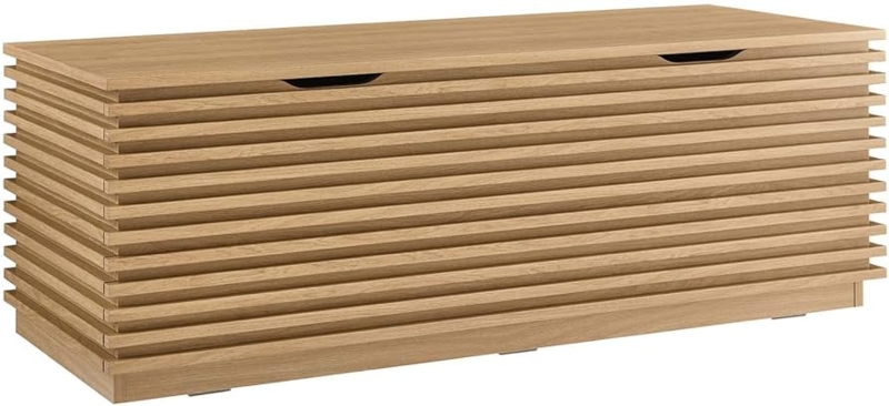 Storage Bench with Integrated Cutout Handles, Linear Texture, Plinth Base