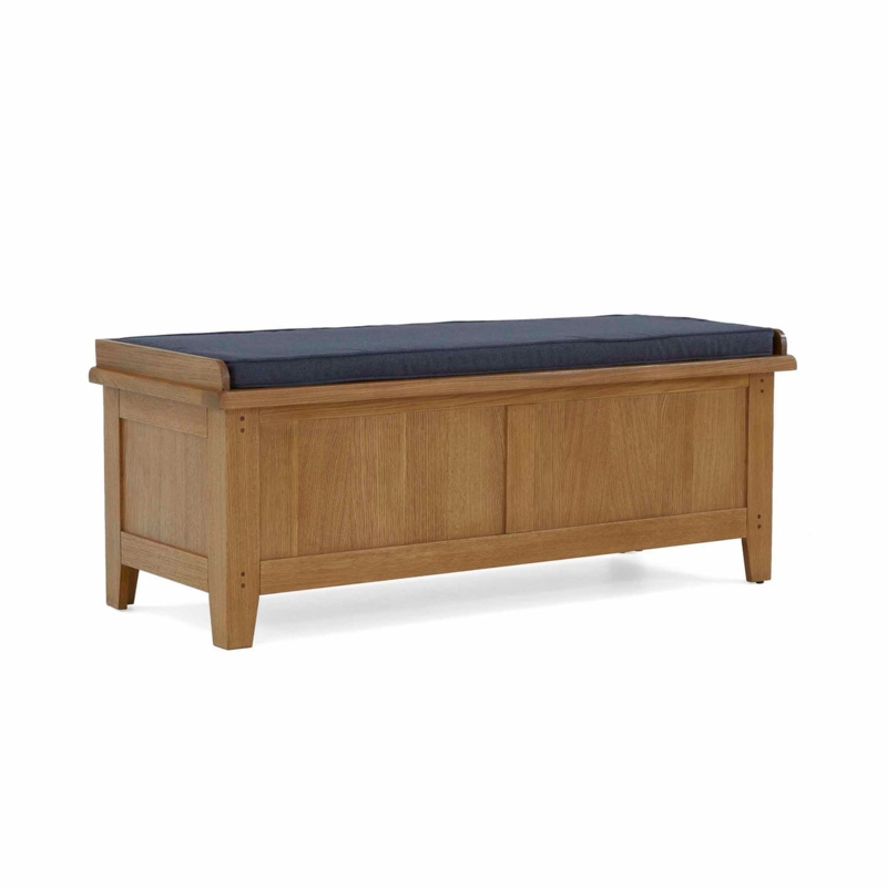Storage Bench with Paneled Front, Charcoal Blue Cushion, Tapered Legs