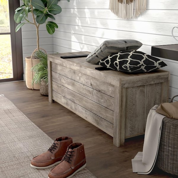 Storage Bench with Plank Style Panels, Weathered Oak Finish, Block Feet
