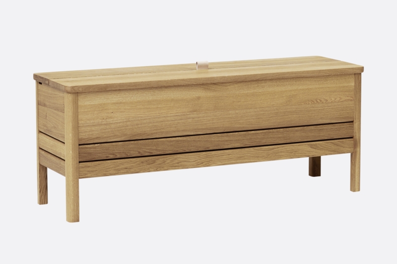 Storage Bench with Raised Base, Horizontal Slats, Light Oak Finish