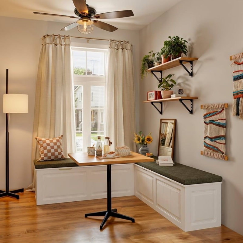 Storage Bench with Recessed Paneling and Olive Green Cushions.