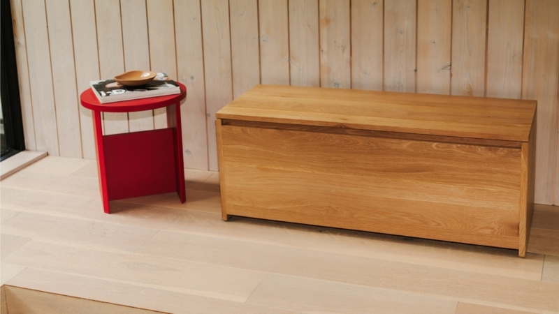 Storage Bench with Slab Sides, Lift Top Lid, Oak Toned Finish