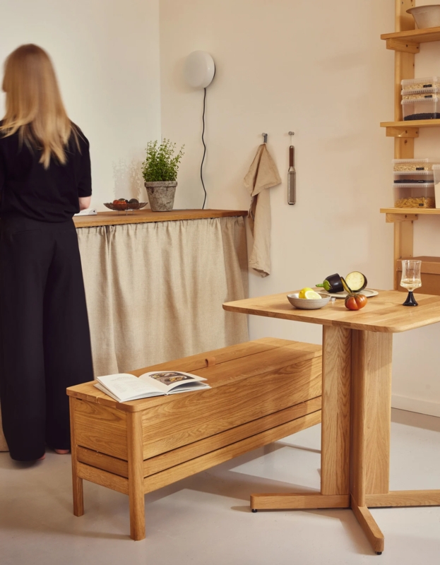 Storage Bench with Slatted Assembly, Leather Like Pull, Light Oak Finish