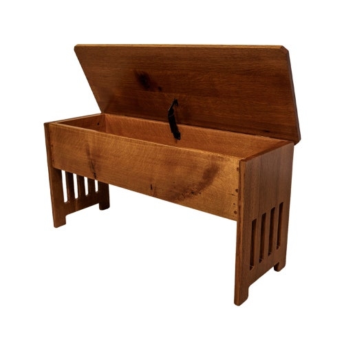 Storage Bench with Vertical Slats, Quartersawn Oak Wood Grain