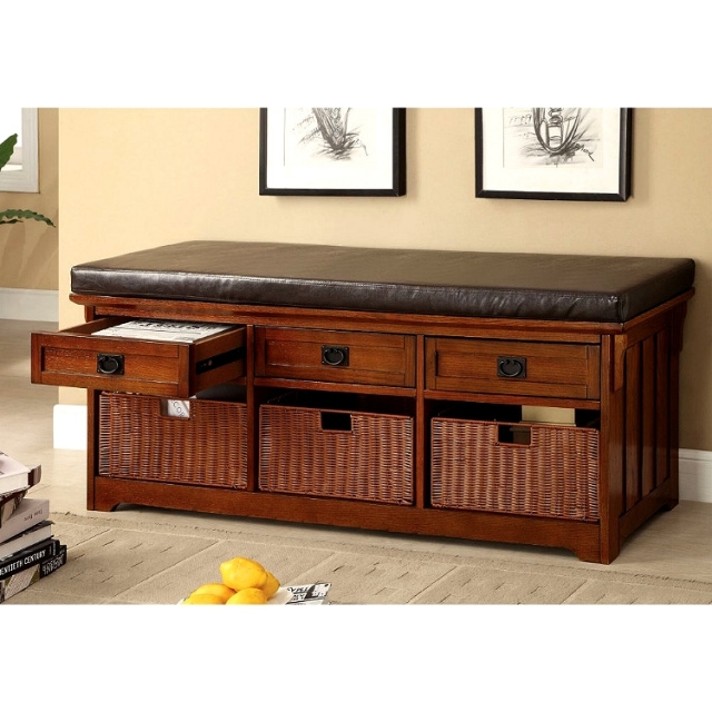 Storage Bench with Woven Baskets, Leatherette Top, Mission Style Design