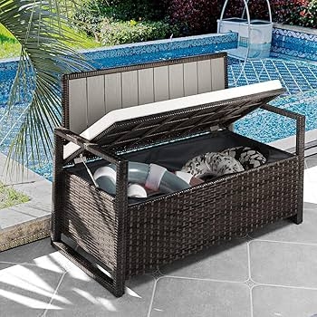 Storage Bench Woven Rattan Hydraulic Lift Removable Cushion Brown