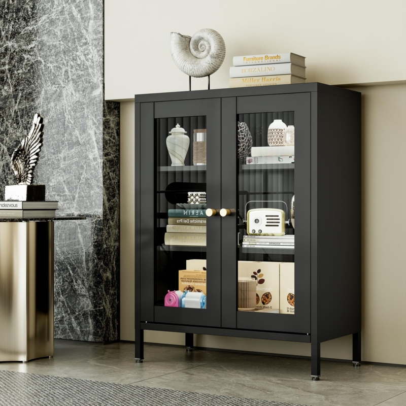 Storage Cabinet Matte Black Metal Gold Knobs Glass Doors Industrial