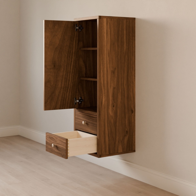 Storage Cabinet, Walnut Brown with Dovetail Drawers, Floating Mount.