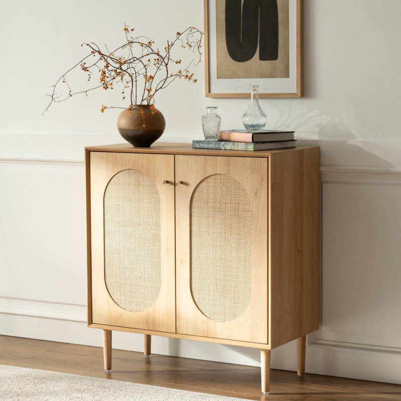 Storage Cabinet with Oval Cane Panels in Natural Oak Finish