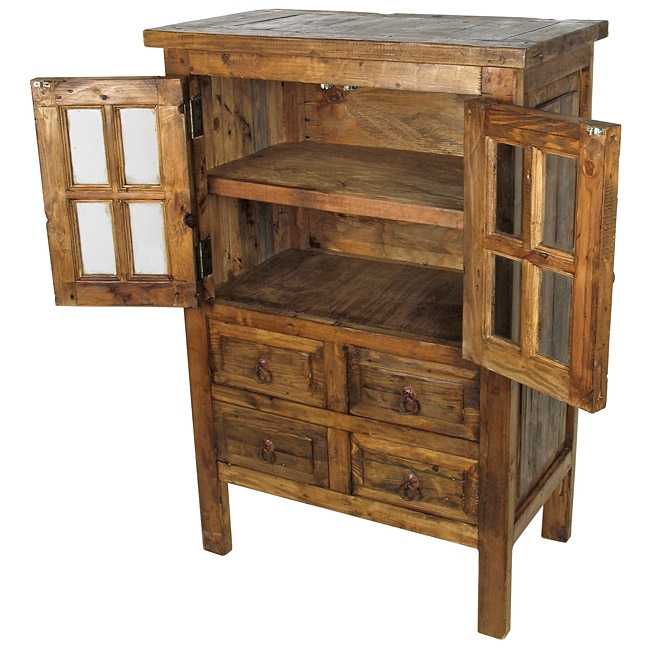 Storage Cabinet with Rustic Distressed Texture and Glass Doors