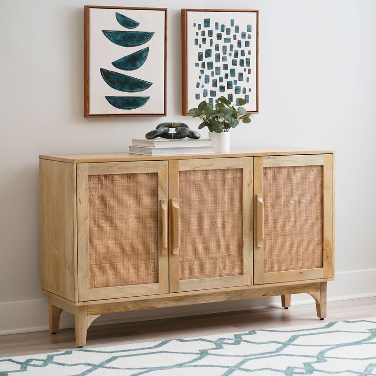 Storage Cabinet with Three Rattan Cane Doors and Vertical Handles