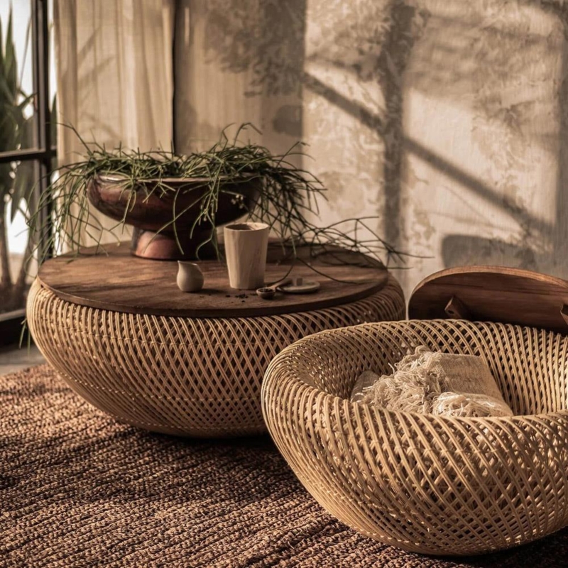 Storage Coffee Table Round Woven Rattan Base Removable Teak Top