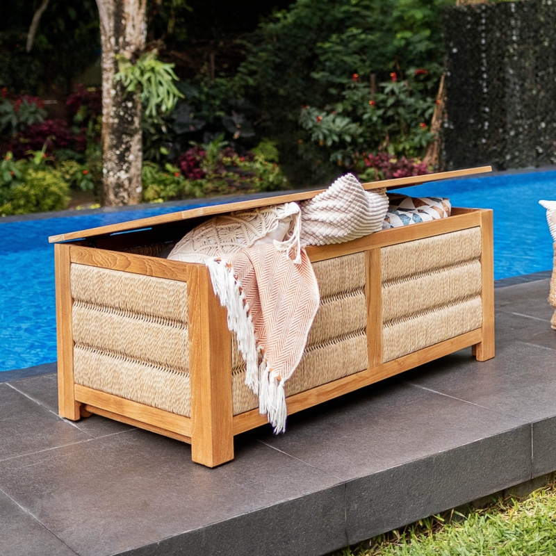 Storage Deck Box: Teak Frame and Ribbed Wicker Panels