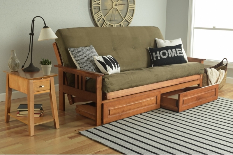 Storage Futon with Mission Slat Arms and Olive Green Fabric